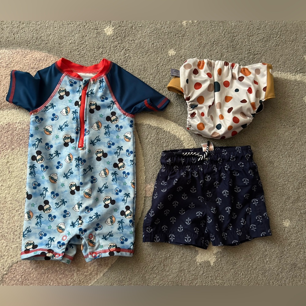 Baby boy swim attire 3piece: Mickey Mouse Romper, trunks, & washable swim diaper